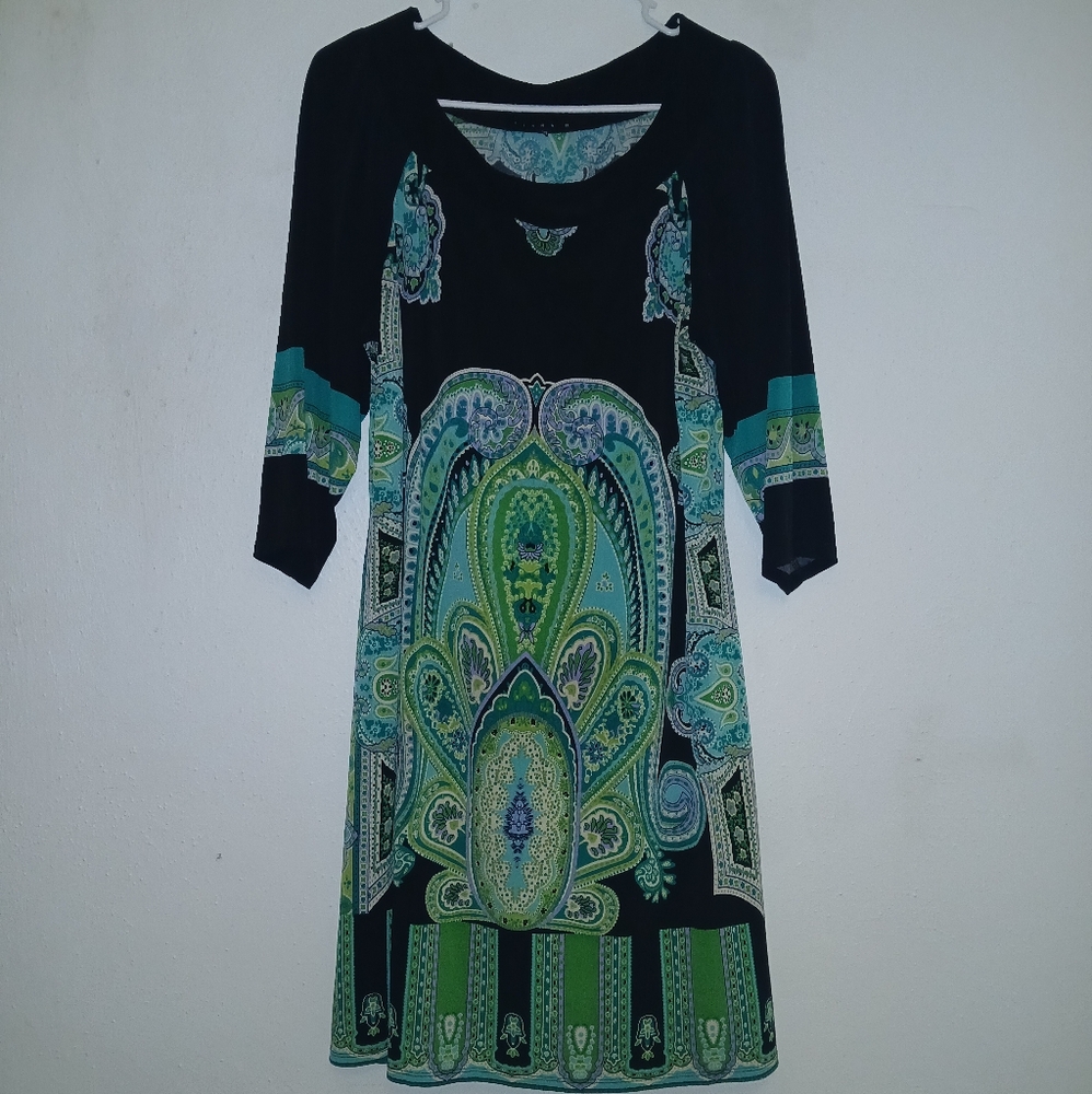 Tiana B. Black and Blue-Green Paisley Long Sleeve Dress